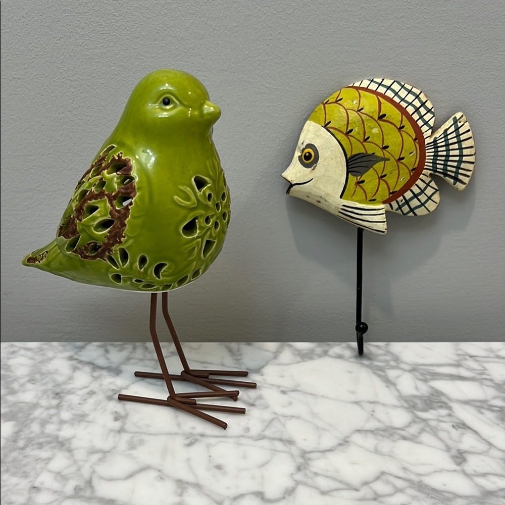Green and Brown Decorative Bird Accent with Intricate Cutouts